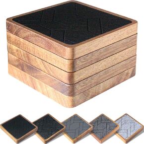 Square Coasters for Drinks, Absorbent Coaster Sets of 5, Wood Drinks Coasters for Coffee Tabletop Protection, Non-Slip, Non-Stick, Suitable for Kinds of Cups Wooden Table Drink, 4.1 Inches Black