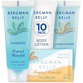 BERGMAN KELLY Hotel Toiletries Bundle (Tropical Waterfall, 1 oz each, 100 Pieces) 4-Piece Set: 25 Round Bar Soap, 25 Shampoo, 25 Conditioner & 25 Body Lotion - Bulk Mini Guest Amenities Supply