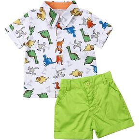 ZAXARRA Baby Boys Summer Outfit Short Sleeve Leaves Print Shirt with Elastic Waist Shorts Toddler Shorts Set