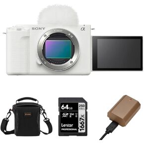 Sony ZV-E1 Full-Frame Interchangeable Lens Mirrorless Vlog Camera, White - Bundle with Alpine 120 Shoulder Bag, 64GB UHS-II SDXC Memory Card, Extra Battery