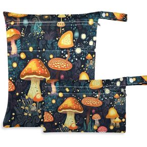 Mushrooms Forest Wet Dry Bag for Baby Cloth Diaper Waterproof Reusable Travel Wet Bag with Two Zippered Pockets for Swimsuits, 2 Pcs