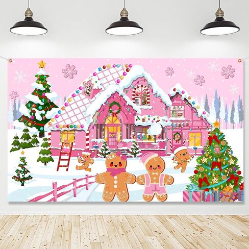 Gingerbread Christmas Backdrop Decoration,Pink Merry Christmas Supplies Gingerbread House Backdrop Candyland Photo Props Decoration for Christmas Holiday Wall Door Sign Decor in Saudi Arabia