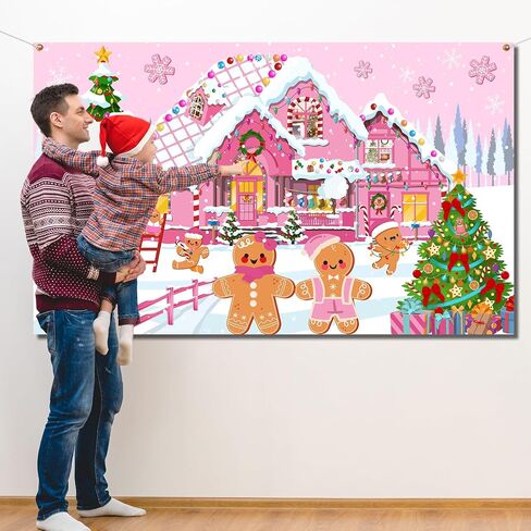 Gingerbread Christmas Backdrop Decoration,Pink Merry Christmas Supplies Gingerbread House Backdrop Candyland Photo Props Decoration for Christmas Holiday Wall Door Sign Decor in Saudi Arabia