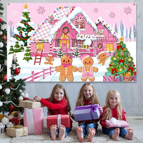 Gingerbread Christmas Backdrop Decoration,Pink Merry Christmas Supplies Gingerbread House Backdrop Candyland Photo Props Decoration for Christmas Holiday Wall Door Sign Decor in Saudi Arabia