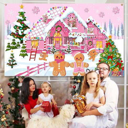 Gingerbread Christmas Backdrop Decoration,Pink Merry Christmas Supplies Gingerbread House Backdrop Candyland Photo Props Decoration for Christmas Holiday Wall Door Sign Decor in Saudi Arabia