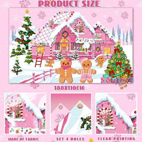 Gingerbread Christmas Backdrop Decoration,Pink Merry Christmas Supplies Gingerbread House Backdrop Candyland Photo Props Decoration for Christmas Holiday Wall Door Sign Decor in Saudi Arabia