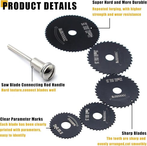 8 قطع شفرات منشار دائري HSS، مجموعة شفرات عجلة قطع الخشب الصلب عالية السرعة مع قضيب تمديد ساق 1/8 بوصة لقطع الأدوات الدوارة (أسود) in Kuwait