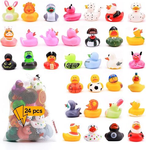 Rubber Duck Toy Assortment - Ducky Playset Bath Toys in Mesh Bag - Jeep Ducks for Ducking - Rubber Duckies for Beach Pool - Goody Bag Stuffers Classroom Prizes 24 Pcs in Kuwait