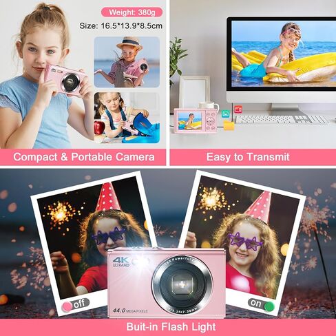 كاميرا رقمية، كاميرا SOPPY FHD 1080P مدمجة للأطفال، كاميرا رقمية 44 ميجابكسل، مع بطاقة 32 جيجابايت، بطاريتان، تكبير رقمي 16X، كاميرا فيديو مدمجة للسفر هدية للأطفال المراهقين المبتدئين (وردي) in Kuwait