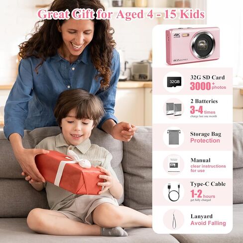 كاميرا رقمية، كاميرا SOPPY FHD 1080P مدمجة للأطفال، كاميرا رقمية 44 ميجابكسل، مع بطاقة 32 جيجابايت، بطاريتان، تكبير رقمي 16X، كاميرا فيديو مدمجة للسفر هدية للأطفال المراهقين المبتدئين (وردي) in Kuwait