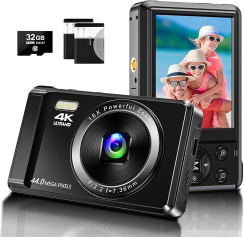 كاميرا رقمية - كاميرات رقمية بدقة 44 ميجابكسل بدقة 4K UHD - كاميرا رقمية مدمجة مقاس 2.4 بوصة ذات تركيز تلقائي وتكبير رقمي 16X - كاميرا تسجيل فيديو مع بطاريتين وبطاقة SD سعة 32 جيجابايت للطلاب المراهقين in Saudi Arabia