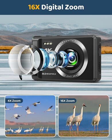 كاميرا رقمية - كاميرات رقمية بدقة 44 ميجابكسل بدقة 4K UHD - كاميرا رقمية مدمجة مقاس 2.4 بوصة ذات تركيز تلقائي وتكبير رقمي 16X - كاميرا تسجيل فيديو مع بطاريتين وبطاقة SD سعة 32 جيجابايت للطلاب المراهقين in Saudi Arabia