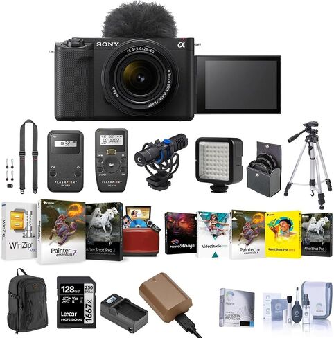 Sony ZV-E1 Full Frame Mirrorless Vlog Camera with FE 28-60mm Lens, Black - Bundle with Backpack, 128GB SD Card, Battery, Charger, Cleaning Kit, Editing Software, Screen Protector, and More (17 Items) in Saudi Arabia