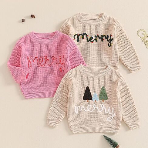 Kids Toddler Christmas Sweater Boys Girls Christmas Tree Embroidery Long Sleeve Knit Sweater Pullover Sweatshirt Top in Kuwait