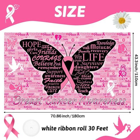 Breast Cancer Awareness Backdrop October Pink Ribbon Photography Background Butterfly Hope Faith Strength Breast Cancer Awareness Party Decorations Photo Studio Props 70.8 x 43.3 inch in Saudi Arabia