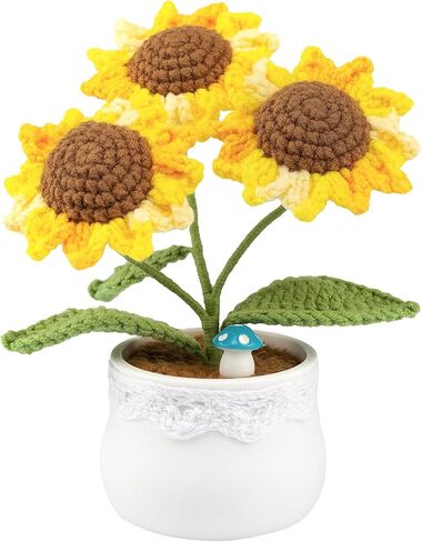 Knitting Crochet Sunflower Flowers Potted Plants, Sunflowers for Friends, Students, Family and Lover, Handmade Flowers for Home Office Decoration, Car Decoration. in Kuwait