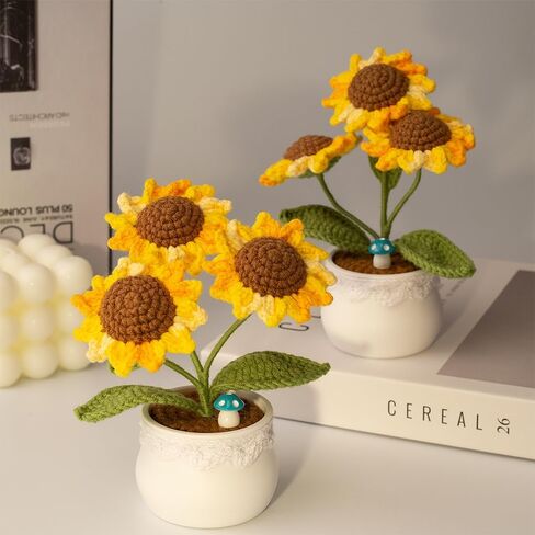 Knitting Crochet Sunflower Flowers Potted Plants, Sunflowers for Friends, Students, Family and Lover, Handmade Flowers for Home Office Decoration, Car Decoration. in Kuwait