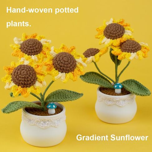 Knitting Crochet Sunflower Flowers Potted Plants, Sunflowers for Friends, Students, Family and Lover, Handmade Flowers for Home Office Decoration, Car Decoration. in Kuwait
