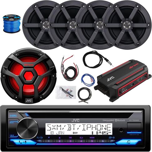 JVC Single Din Marine Bluetooth USB/AUX مستقبل ستيريو، 4X 6.5 100 واط مكبرات صوت سوداء مع سلك، 10 بوصة 1300 واط متعدد الألوان LED مضخم صوت أسود، 600 واط مكبر صوت أحادي مع عدة، هوائي in Saudi Arabia