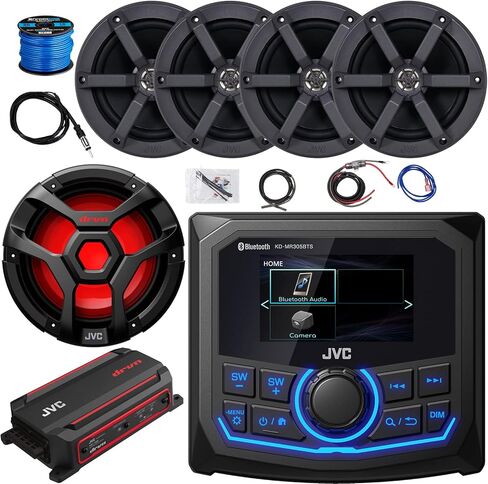 JVC Single Din Marine Bluetooth USB/AUX مستقبل ستيريو، 4X 6.5 100 واط مكبرات صوت سوداء مع سلك، 10 بوصة 1300 واط متعدد الألوان LED مضخم صوت أسود، 600 واط مكبر صوت أحادي مع عدة، هوائي in Saudi Arabia