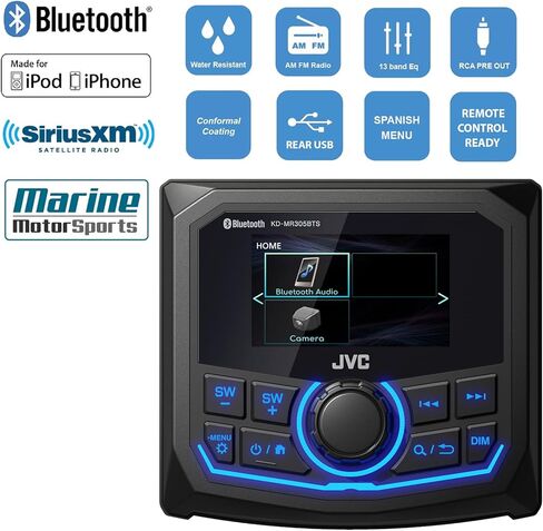 JVC Single Din Marine Bluetooth USB/AUX مستقبل ستيريو، 4X 6.5 100 واط مكبرات صوت سوداء مع سلك، 10 بوصة 1300 واط متعدد الألوان LED مضخم صوت أسود، 600 واط مكبر صوت أحادي مع عدة، هوائي in Saudi Arabia
