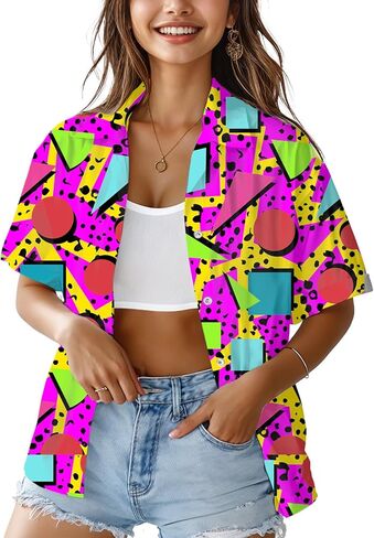 HUGLAZY 80s 90s الزي للنساء النيون حفلة الزي 80s قمصان هاواي الأزهار الاستوائية قمصان الصيف in Kuwait