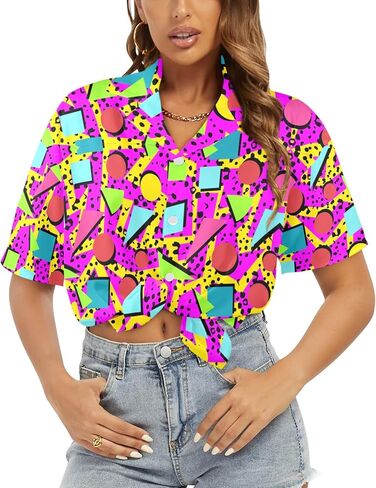 HUGLAZY 80s 90s الزي للنساء النيون حفلة الزي 80s قمصان هاواي الأزهار الاستوائية قمصان الصيف in Kuwait