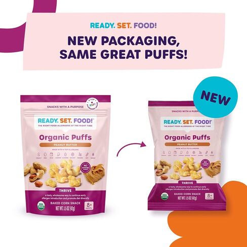 Organic Puffs - Early Allergen Introduction Snack Puffs w/ 9 Top Allergens by Ready Set Food, No Added Sugar, Babies 8+ Months, Variety 3-Pack (Peanut Butter Berry, Apple Cinnamon, Pumpkin Banana) in Saudi Arabia