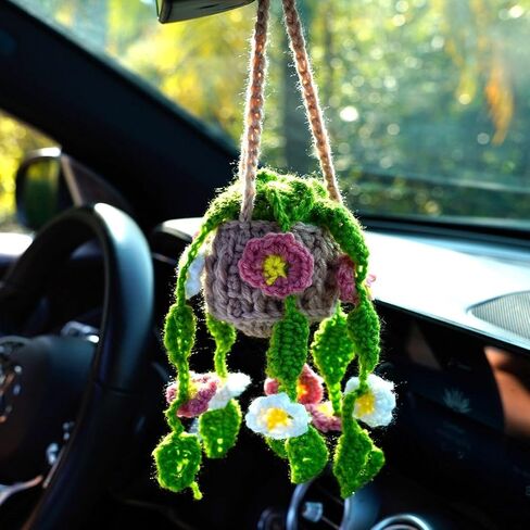 Cute Car Crochet Hanging Ornament Accessories Handmade Knitted Car Mirror Decor Hanging Decoration Plant Mirror Hanging Car in Saudi Arabia