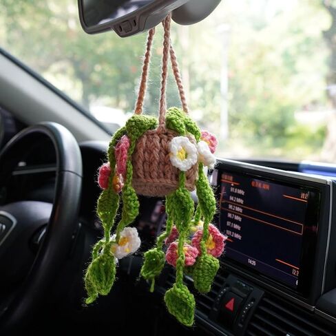 Cute Car Crochet Hanging Ornament Accessories Handmade Knitted Car Mirror Decor Hanging Decoration Plant Mirror Hanging Car in Saudi Arabia