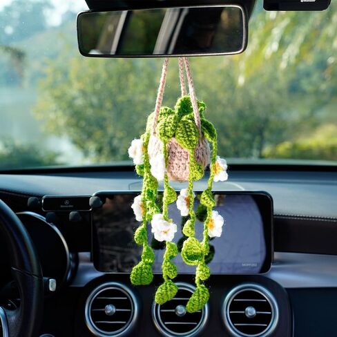 Cute Car Crochet Hanging Ornament Accessories Handmade Knitted Car Mirror Decor Hanging Decoration Plant Mirror Hanging Car in Saudi Arabia