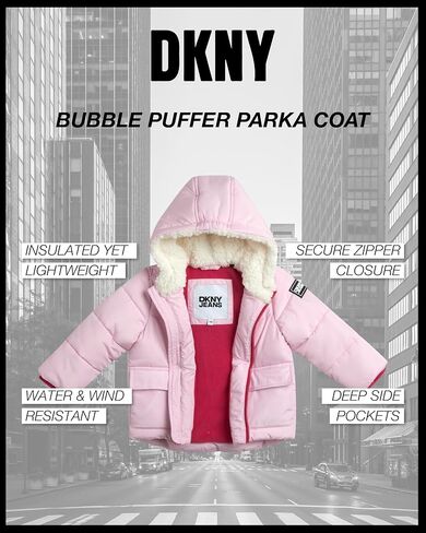جاكيت شتوي للفتيات الصغيرات من DKNY - معطف باركا منتفخ مبطن بالصوف (12M-4T) in Kuwait