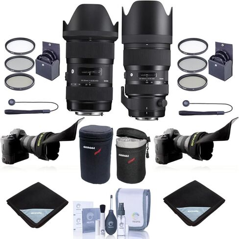 طقم عدسات Adorama Sigma مقاس 18-35 مم و50-100 مم f/1.8 DC HSM Art مكون من عدستين لكاميرا Canon EF، حزمة مع طقم فلتر 2X، حافظة عدسة 2X، غلاف عدسة 2X، حبل غطاء عدسة 2X، ظل عدسة مرن 2X، طقم تنظيف in Kuwait