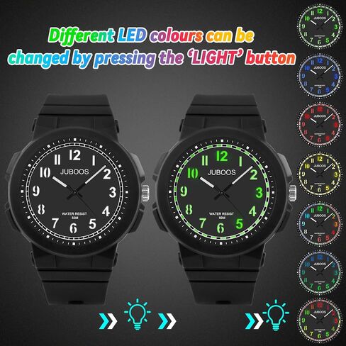 Juboos Kid's Analog Watch for Boys and Girls, 5ATM/50M Waterproof Quartz Children's Watch with 7 Colorful LED Light, Outdoor Sports Watch Suitable for Teenagers Aged 7-16 (Dark Blue) in Saudi Arabia