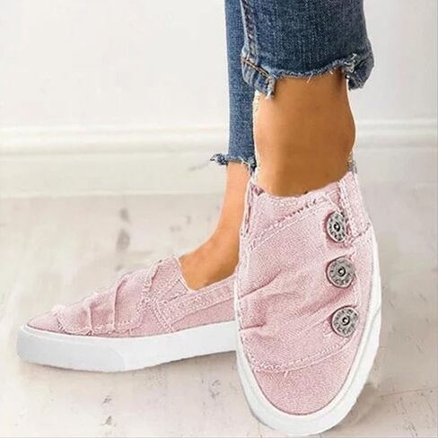 Women's Canvas Casual Buttons Flats Shoes Slip-on Round Toe Breathable Comfortable Lightweight Ballet Low Top Lazy Walking Shoes in Saudi Arabia