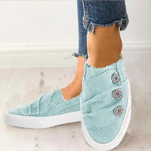 Women's Canvas Casual Buttons Flats Shoes Slip-on Round Toe Breathable Comfortable Lightweight Ballet Low Top Lazy Walking Shoes in Saudi Arabia