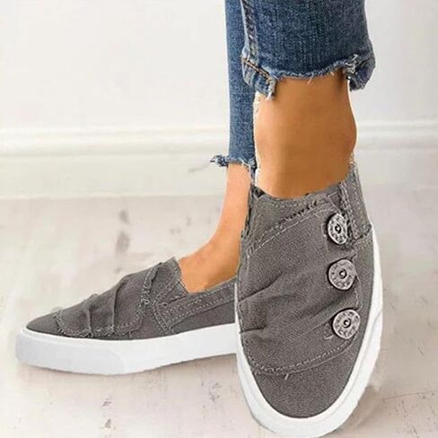 Women's Canvas Casual Buttons Flats Shoes Slip-on Round Toe Breathable Comfortable Lightweight Ballet Low Top Lazy Walking Shoes in Saudi Arabia