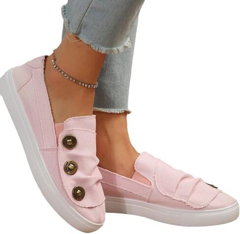 Women's Canvas Casual Buttons Flats Shoes Slip-on Round Toe Breathable Comfortable Lightweight Ballet Low Top Lazy Walking Shoes in Saudi Arabia
