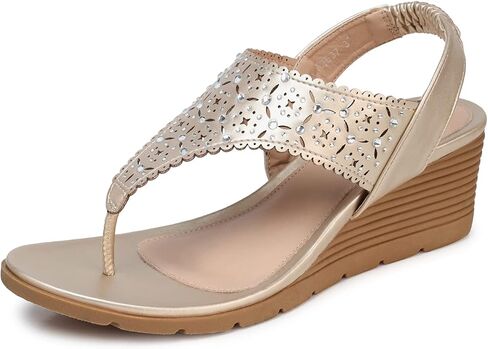 SHIBEVER Wedge Sandals for Women Elastic Ankle Strap Sandals T-Strap in Saudi Arabia