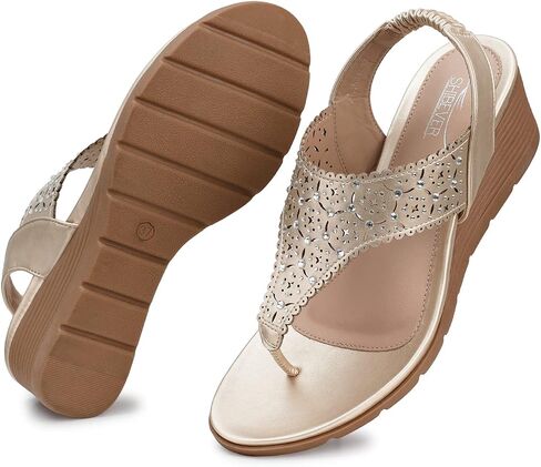 SHIBEVER Wedge Sandals for Women Elastic Ankle Strap Sandals T-Strap in Saudi Arabia