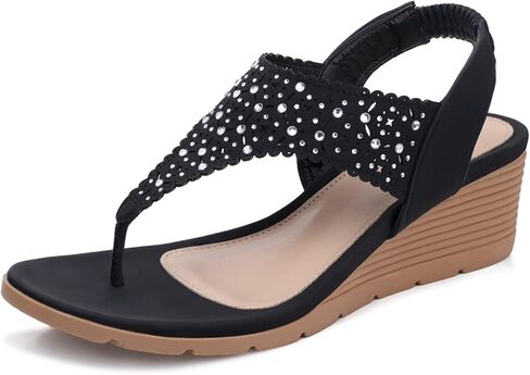 SHIBEVER Wedge Sandals for Women Elastic Ankle Strap Sandals T-Strap in Saudi Arabia
