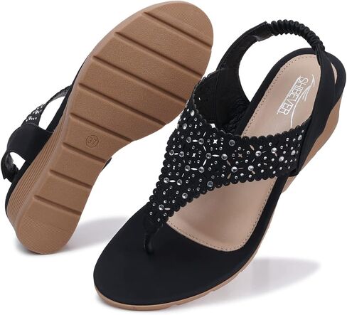 SHIBEVER Wedge Sandals for Women Elastic Ankle Strap Sandals T-Strap in Kuwait