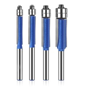 4PCs 1/4 Inch Shank Flush Trim Router Bit Set, 1/4" 5/16" 3/8" 1/2" Double Flute Straight Top Bearing Bits Milling Cutting Diameter Carpenter Woodworking Tools for Trim Shelf Edging Drawer