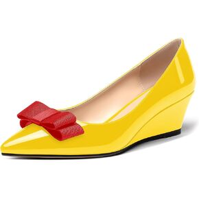 MODENCOCO Women's Slip On Pointed Toe Bow Patent Wedge Low Heel Pumps Evening Wedding Party Dress Shoes 2 Inch
