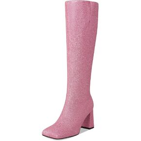 Sparkly Knee High Boots for Women with Chunky Block High Heel 3.3In, Sequin Glitter Gogo Boots Tall Boots Side Zipper Square Toe, Bling Faux Leather Below the Knee Long Boots