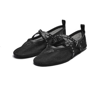 Women's Raffia Ballet Flats Round Toe Studs Strap Mesh Mary Janes Shoes Comfort Casual Flat Shoe for Women
