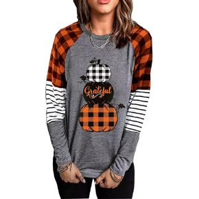 Thankful Greatful Blessed Pumpkin Shirt Women Plaid Leopard Graphic Tees Cute Leopard Stripe Splicing Sleeve Fall Shirt