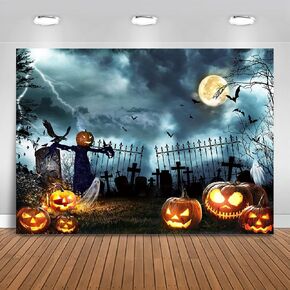 Mocsicka Halloween Backdrop Halloween Horror Night Themed Party Decorations Banner Banner Graveyard Tombstone Moon Night Scary Scene for Photography (Black, 7x5ft(82"x60"))