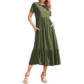 Womens Casual Dresses with Pockets Flowy Maxi Dress for Womens Crewneck Short Sleeve Summer Long Dress