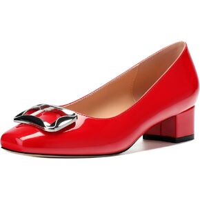 Women's Slip On, Square Toe Silver Metallic Buckle & Patent Leather Top Mid Heel Shoes 1.5 Inch